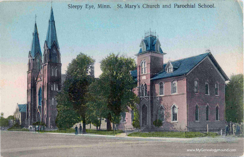 Sleepy Eye, Minnesota, St. Mary's Church and Parochial School, vintage postcard photo