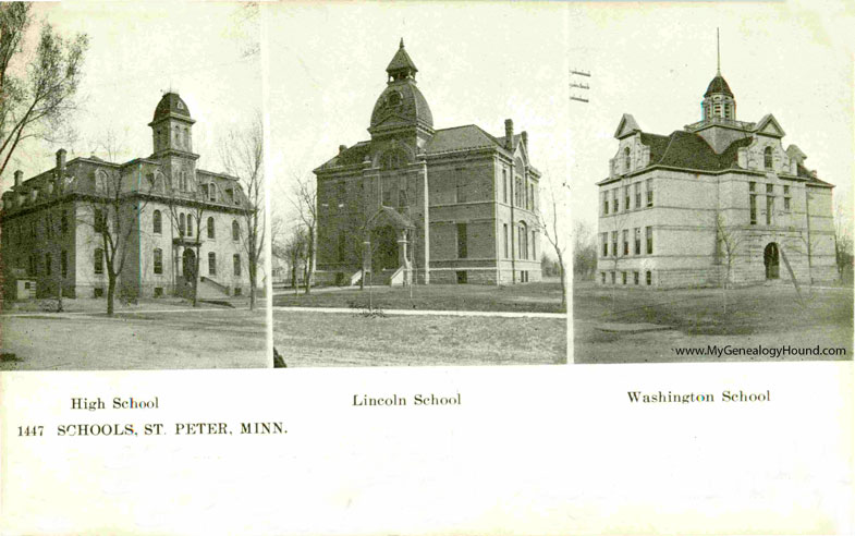 St. Peter, Minnesota, High School, Lincoln School, and Washington School, vintage postcard photo