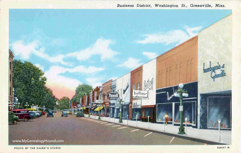 Greenville, Mississippi, Washington Street, Business District, vintage postcard, photo, Tenenbaum's of Greenville; Butlers Shoes; Millers; and Culley Rexall Drugs.