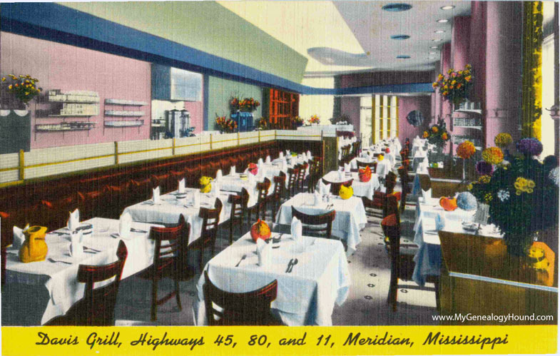 Meridian, Mississippi, Davis Grill, vintage postcard, historic photo