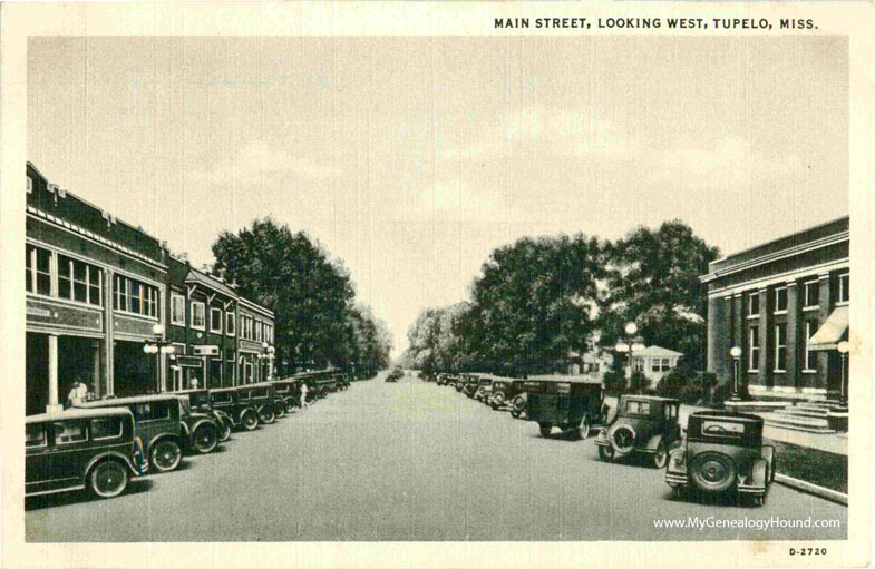 Tupelo, Mississippi, Main Street, Looking West, vintage postcard, historic photo