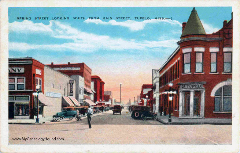 Tupelo, Mississippi, Spring Street Looking South From Main Street, vintage postcard, historic photo