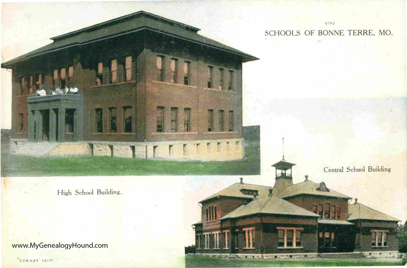 Bonne Terre, Missouri Schools, vintage postcard, vintage photo, High School Building, Central School Building