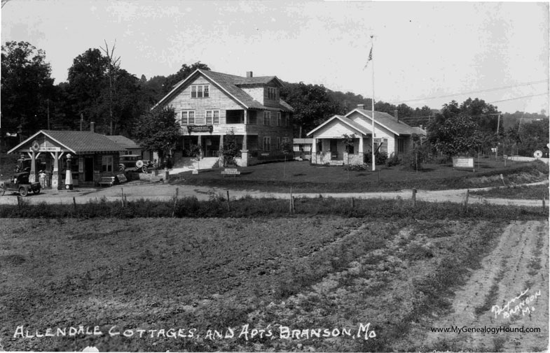 Branson, Missouri, Allendale Cottages, Apartments and Red Crown Service Station, vintage postcard historic photo Branson, Missouri, Allendale Cottages, Apartments and Red Crown Service Station, vintage postcard historic photo