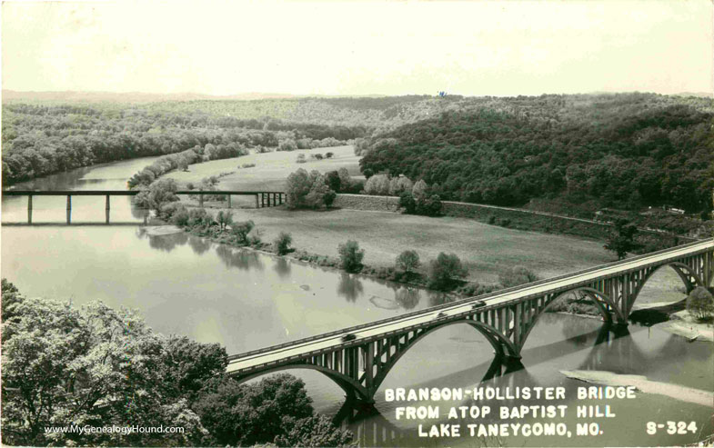 Branson, Missouri, Branson-Hollister Bridge From Atop Baptist Hill, vintage postcard historic photo
