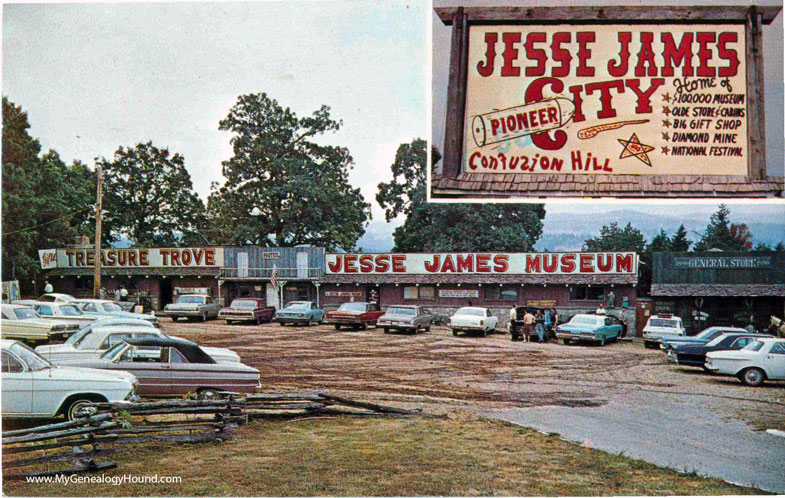 Jesse James Pioneer City, Confusion Hill, Branson, Missouri, vintage postcard photo. Jesse James Pioneer City, Confusion Hill, Branson, Missouri, vintage postcard photo.