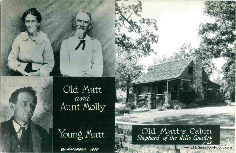 Branson, Missouri, Old Matt's Cabin, Shepherd of the Hills Characters, vintage postcard, historic photo Branson, Missouri, Old Matt's Cabin, Shepherd of the Hills Characters, vintage postcard, historic photo