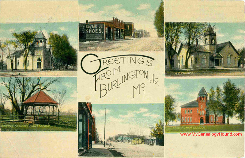 Burlington Junction, Missouri, Churches, Main Street, Mineral Springs Sanitarium, Public High School, vintage postcard, historical photograph