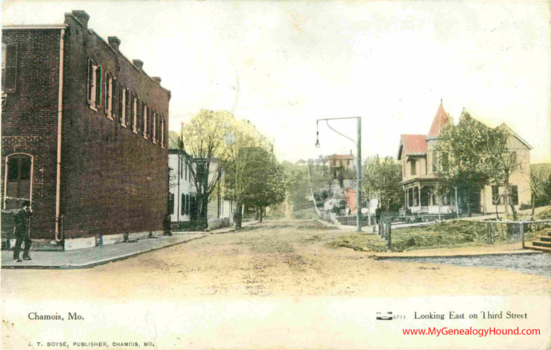 Chamois, Missouri, Looking East on Third Street, vintage postcard, historical photgraph Chamois, Missouri, Looking East on Third Street, vintage postcard, historical photgraph
