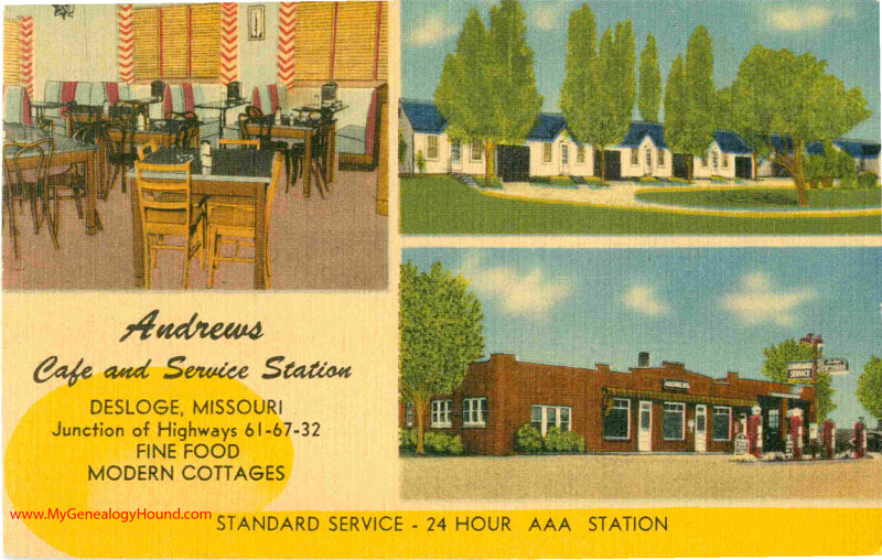Desloge, Missouri, Andrews Cafe and Service Station, vintage postcard, historic photo Desloge, Missouri, Andrews Cafe and Service Station, vintage postcard, historic photo