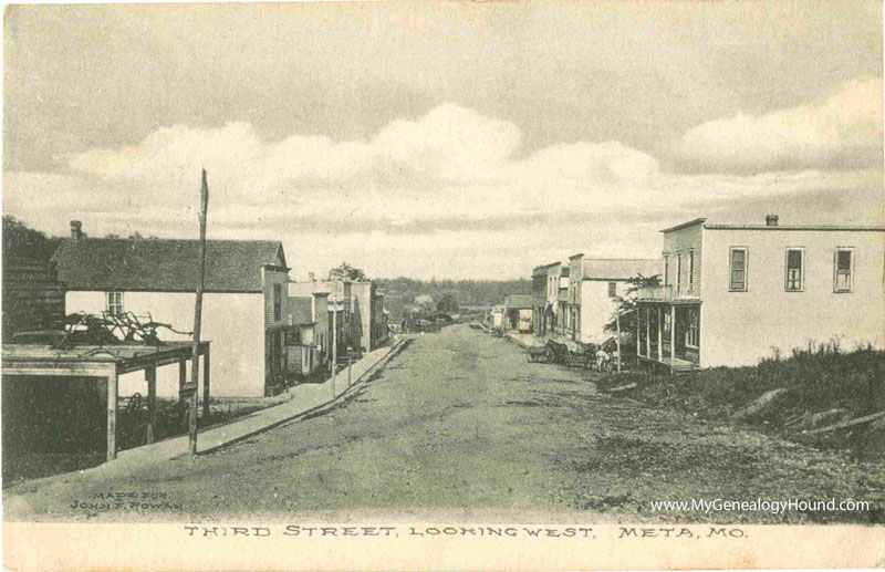 Meta, Missouri, Third Street Looking West, vintage postcard, historical