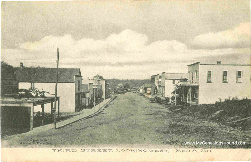 Meta, Missouri, Third Street Looking West, vintage postcard, historical photograph