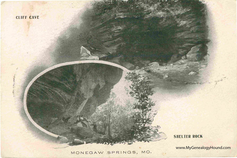 Monegaw Springs, Missouri, Cliff Cave, Shelter Rock, vintage postcard, historic photo Monegaw Springs, Missouri, Cliff Cave, Shelter Rock, vintage postcard, historic photo