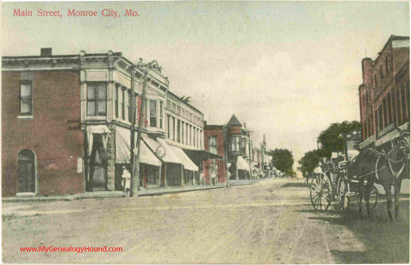 Monroe City, Missouri Main Street, vintage postcard, historic photo Monroe City, Missouri Main Street, vintage postcard, historic photo