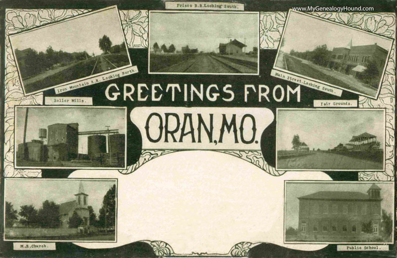 Oran, Missouri Greetings Multi-View vintage postcard, historic photo Oran, Missouri vintage postcard, historic photo, Iron Mountain R. R., Frisco R. R., Main Street, Roller Mills, Fair Grounds, M. E. Church, Public School