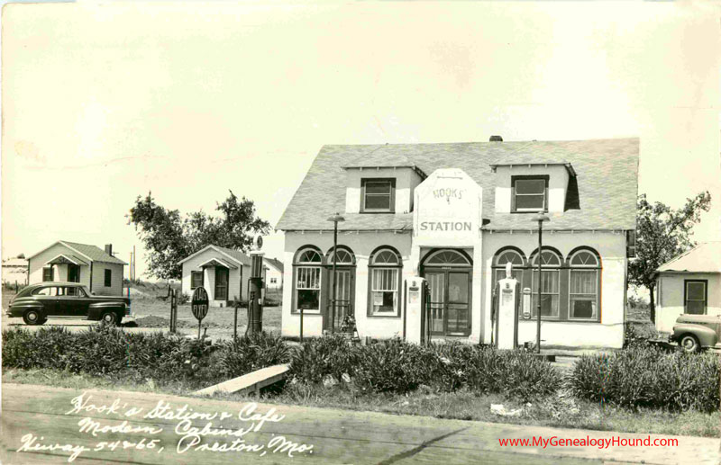 Preston, Missouri, Hook's Service Station, Cafe and Cabins, vintage postcard, Historic Photo, Highway 54 and 65