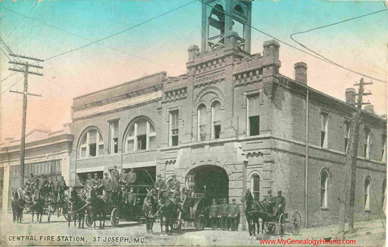 St. Joseph, Missouri Central Fire Station vintage postcard, historic photo, horse drawn fire equipment