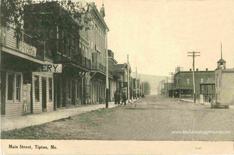 Tipton, Missouri Main Street, vintage postcard, historic photo Tipton, Missouri Main Street, vintage postcard, historic photo