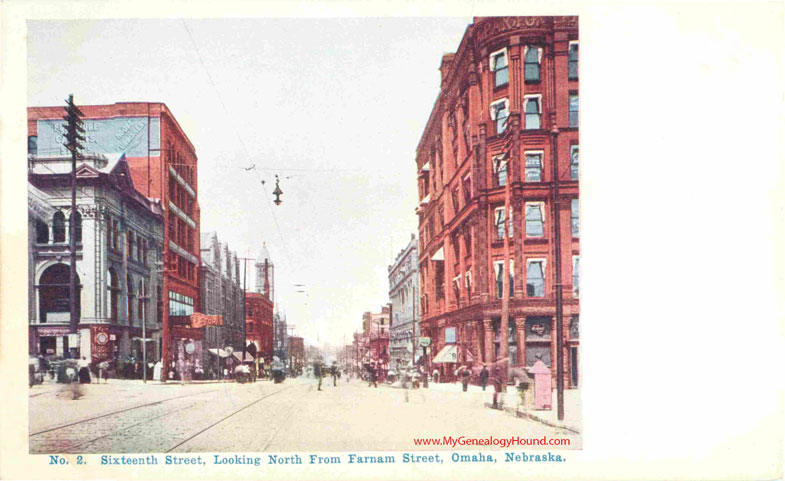 Omaha, Nebraska, Sixteenth Street looking North from Farnam Street, vintage postcard photo