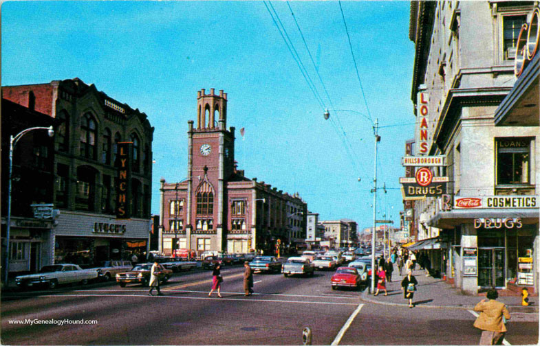 City Hall, Lynch's; and Hillsborough Drug Store on Elm Street, Manchester, New Hampshire, vintage postcard, photo