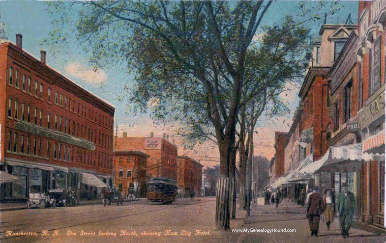 Elm Street looking North with the New City Hotel at the left, Manchester, New Hampshire, vintage postcard, photo.