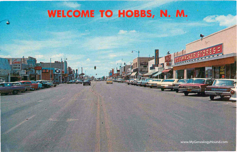 Hobbs, New Mexico, Broadway Looking West, vintage postcard photo, chrome type