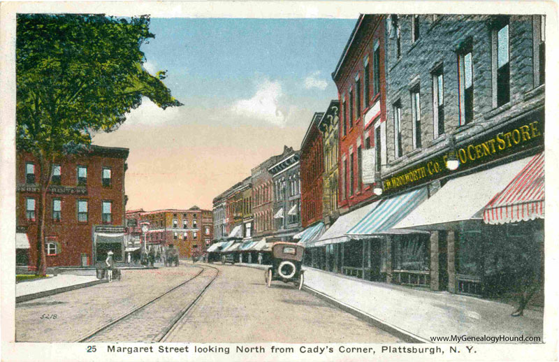 Plattsburgh, New York, Margaret Street looking North from Cady's Corner, vintage postcard, historic photo