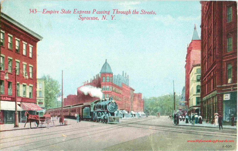 Syracuse, New York, Empire State Express passing through the Streets, vintage postcard, historic photo