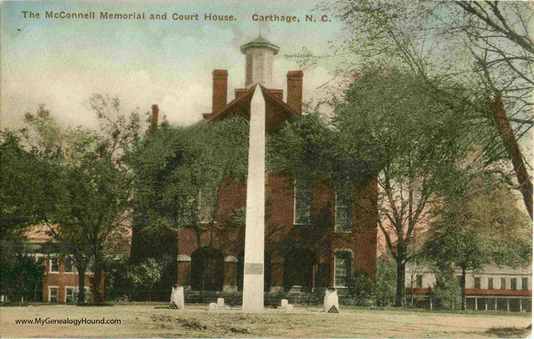 Carthage, North Carolina, McConnell Memorial and Moore County Court House, vintage postcard, historic photo, James Rogers McConnell
