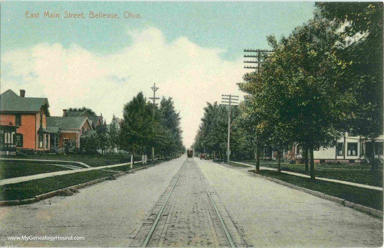 East Main Street with a street car in the distance, Bellevue, Ohio, vintage postcard, photo