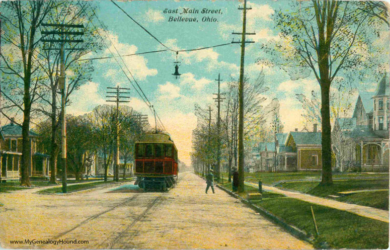 Bellevue, Ohio, East Main Street with street car, vintage postcard, historic photo