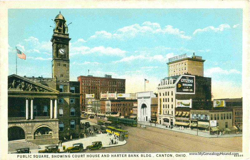 Canton, Ohio, Public Square showing Court House and Harter Bank Bldg, vintage postcard, historic photo