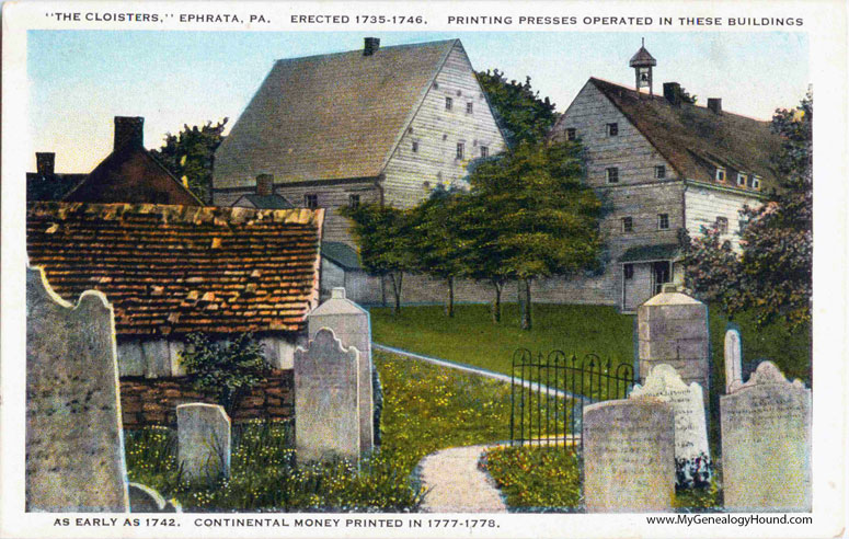 Beyond the cemetery are the buildings where the Cloister printing presses are operated, Ephrata, Pennsylvania, vintage postcard, photos