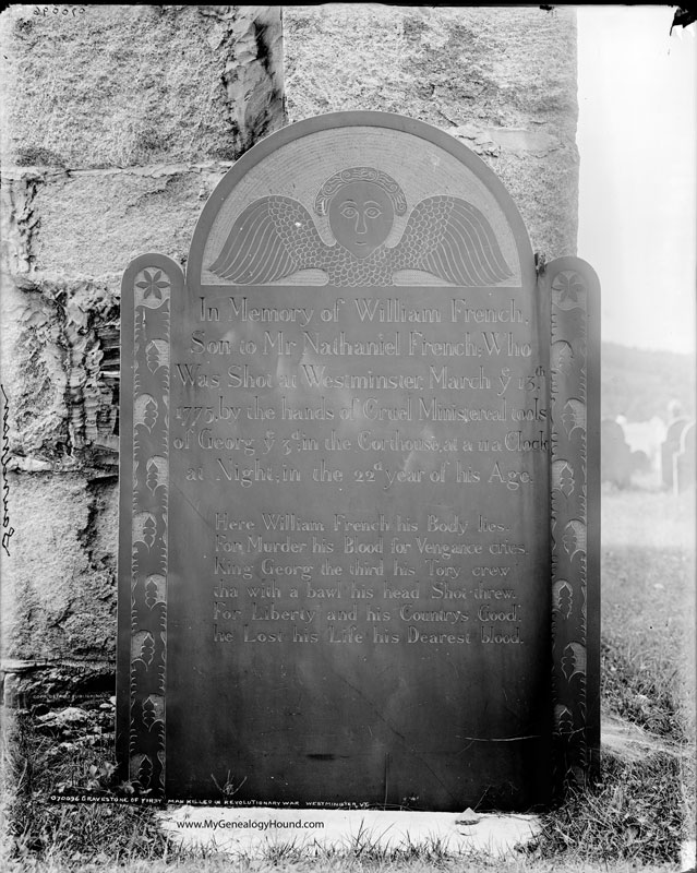 Westminster, Vermont, William French tombstone, historic photograph, Westminster Massacre