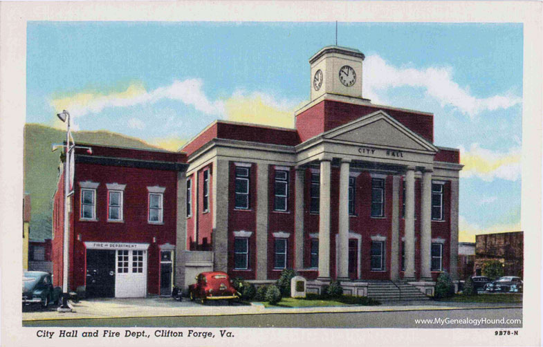 Clifton Forge, Virginia, City Hall and Fire Department, vintage postcard photo